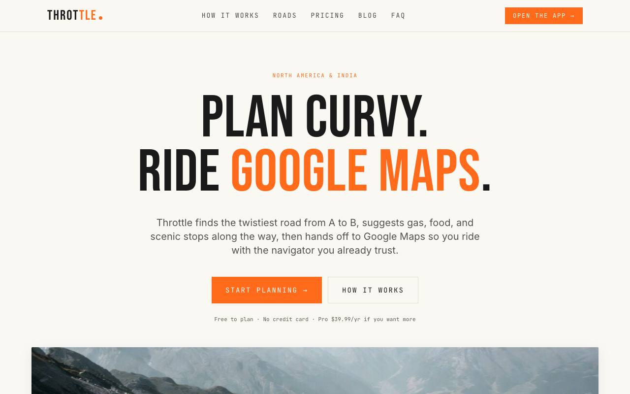 Throttle Rides — a curvy route planned on the map
